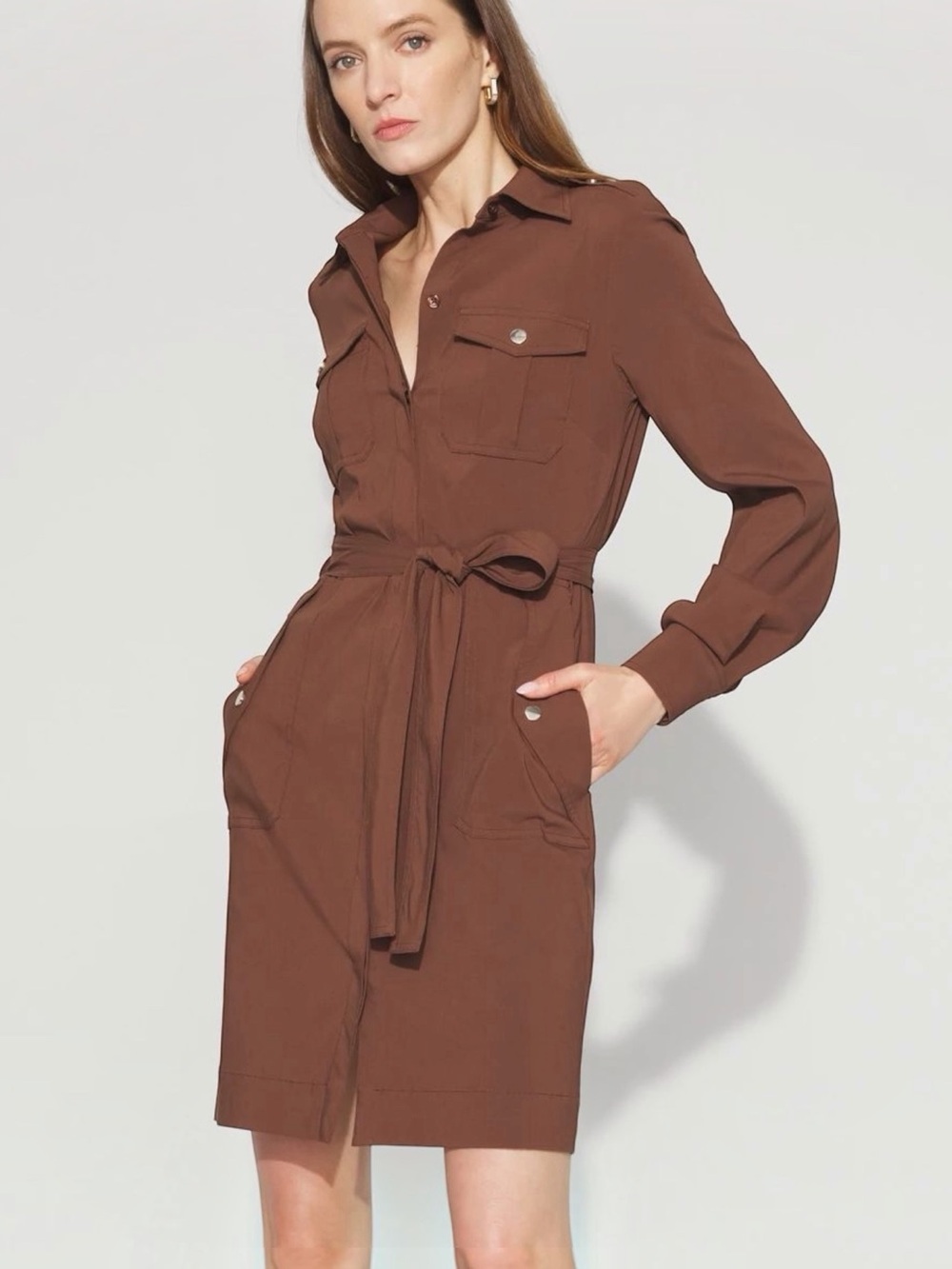NEW White House Black Market Belted Utility Shirt Dress in Cocoa Women’s Size 8